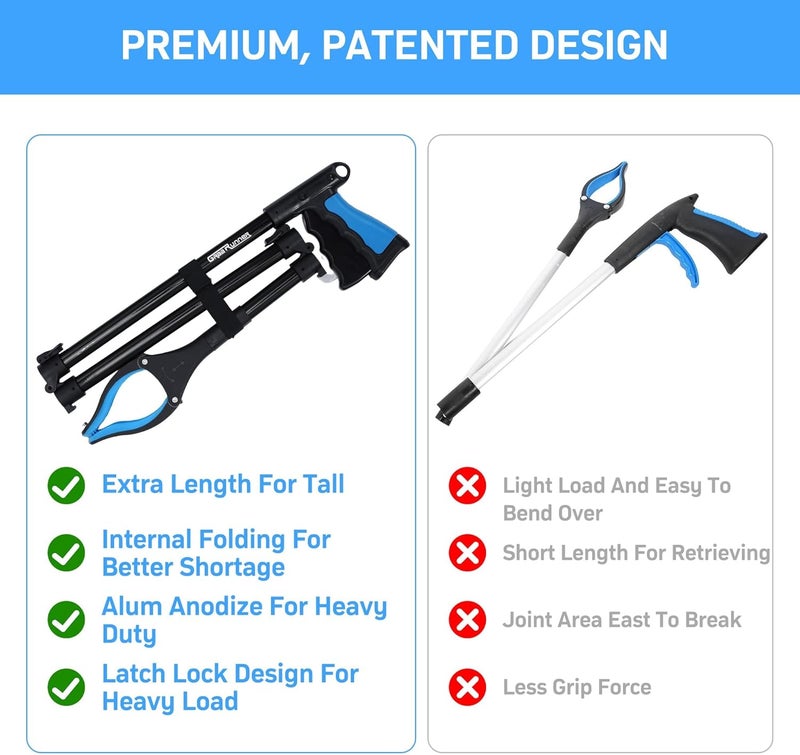 GrabRunner 38" Extra Long Grabber Reacher Tool – 2 Pack Foldable Reacher Grabber Pickup Tools with 360° Rotating Jaw & Magnet - Heavy Duty Pick Up Grabbers for Seniors, Trash, Surgery Recovery (Blue Blue) - Image 5